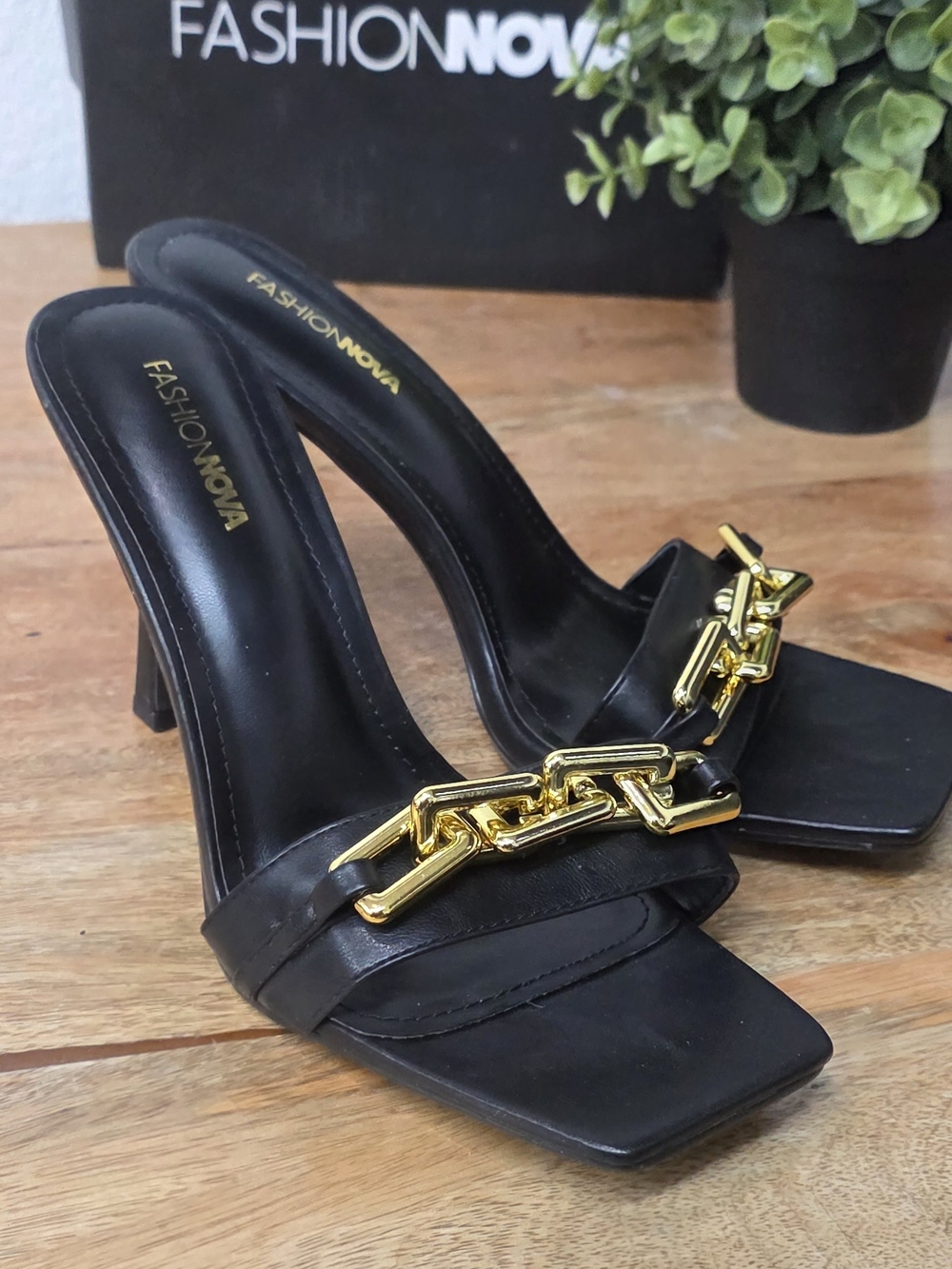 Fashion Nova Black Leather Chain-Accent Heels